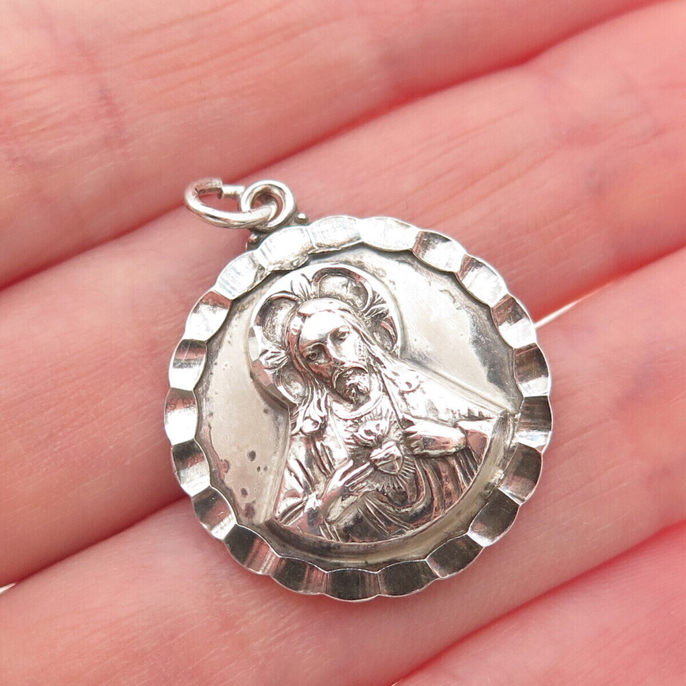 Creed 925 Sterling Silver Vintage Jesus Sacred Heart Medal Charm Pendant
